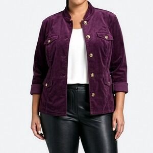 Chico's Velvet Military Jacket Purple Gold Buttons Plus Size 1X XL Old Money NWT